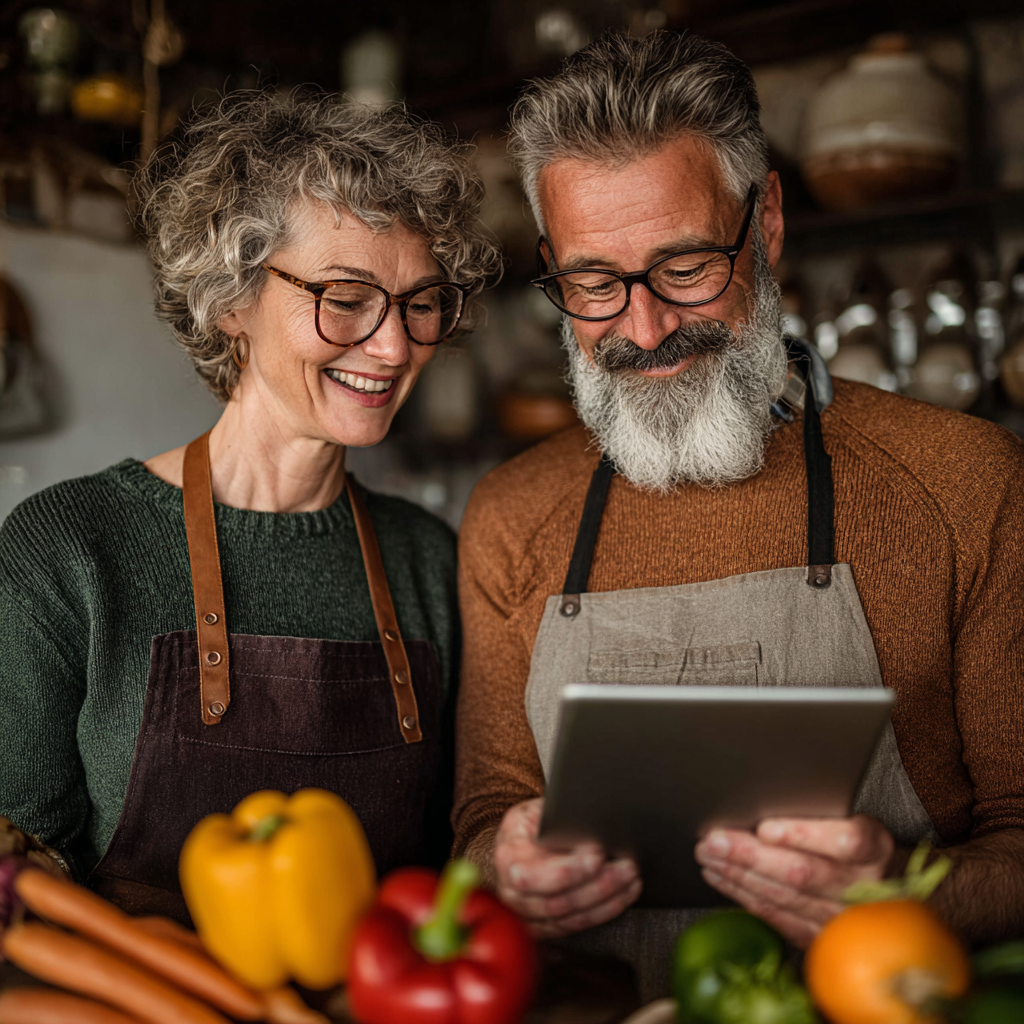 Подружжя 52 та 55 років разом готують здорову страву, посміхаючись та користуючись рецептами з додатку