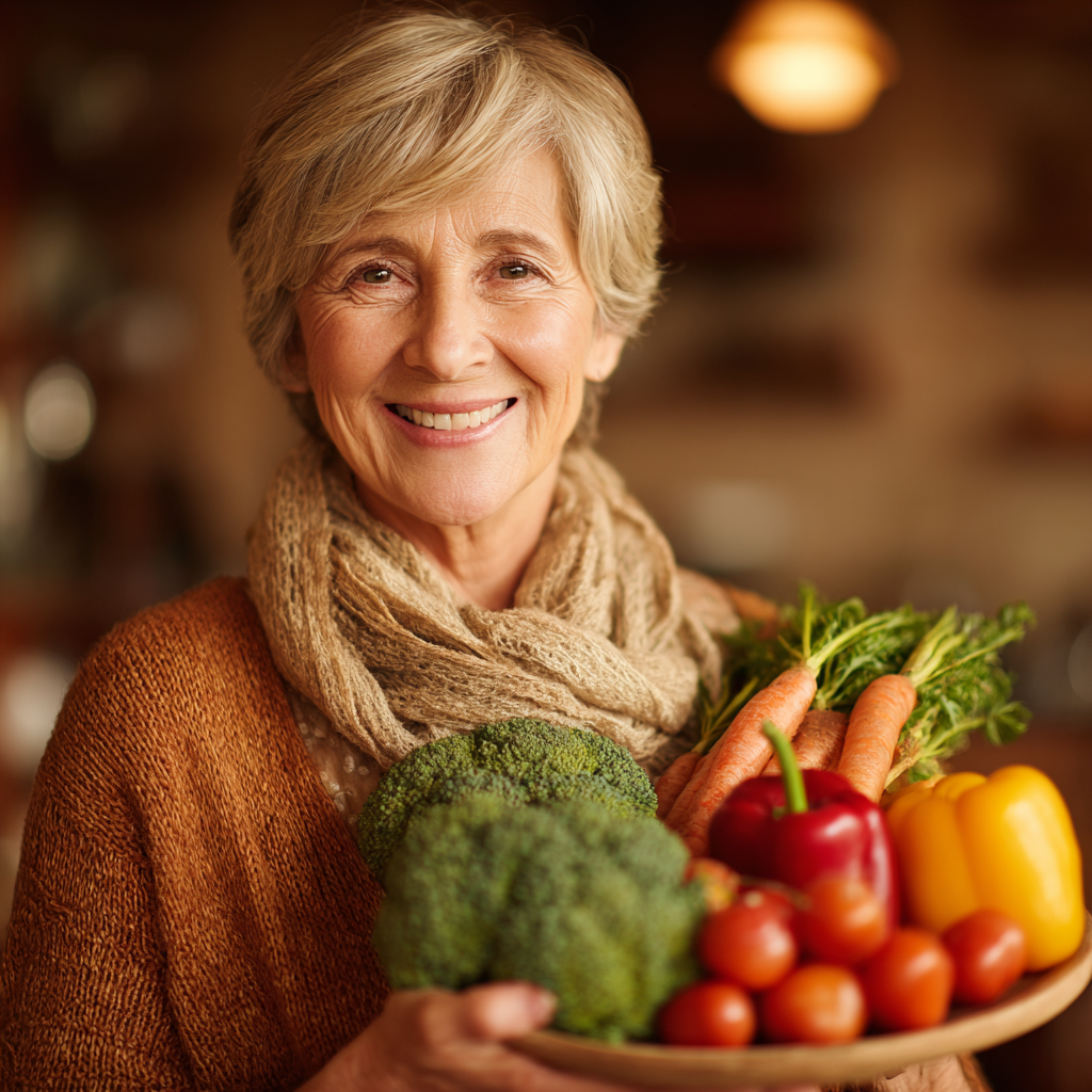 Жінка 55 років тримає тарілку зі свіжими овочами та посміхається, демонструючи здоровий спосіб життя